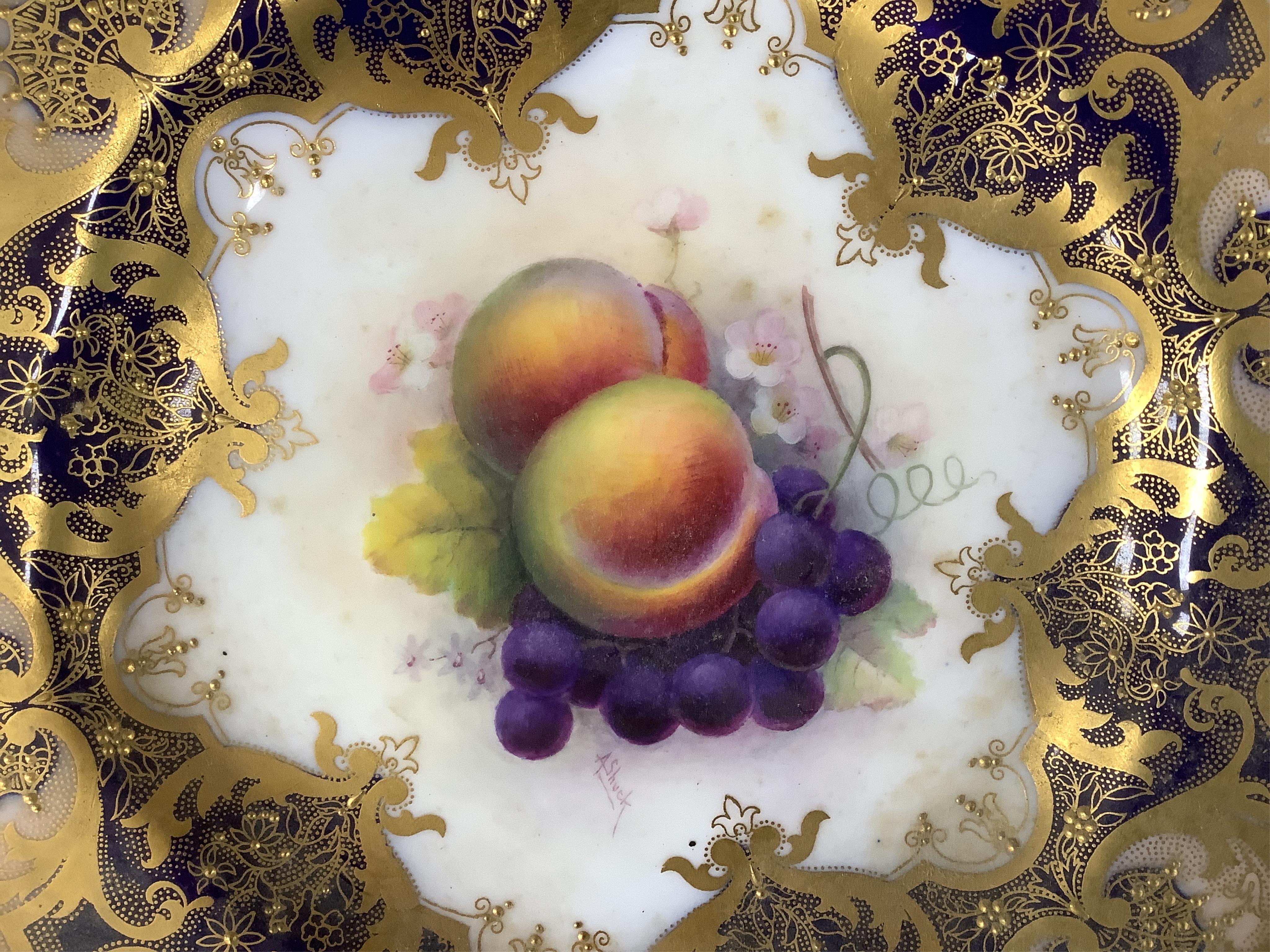 Two Royal Worcester fruit painted plates, by T Lockyer and A Shuck, 23cm in diameter. Condition - good, a little dirty